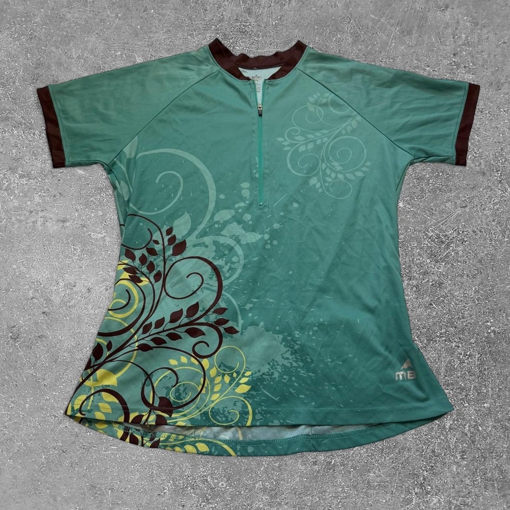 Mt Borah Cycling Jersey Womens Large Green Brown Floral Y2K Short Sleeve MTB Zip